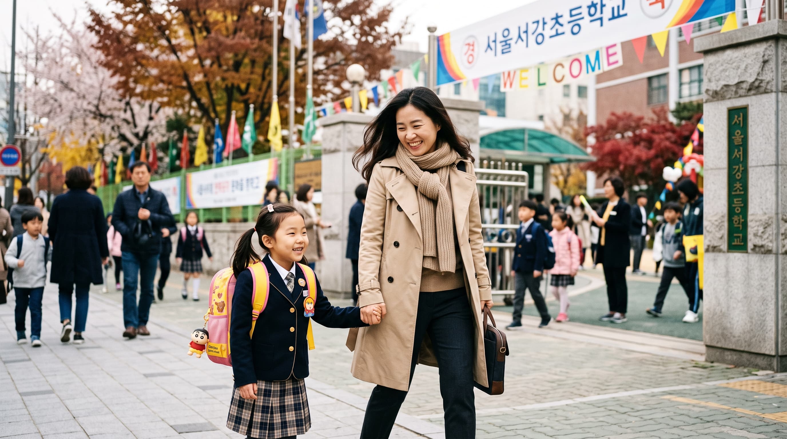 초등학교 교문 앞에서 가방을 멘 아이와 손을 잡고 걸어가는 맞벌이 부모의 다정한 출근길 모습