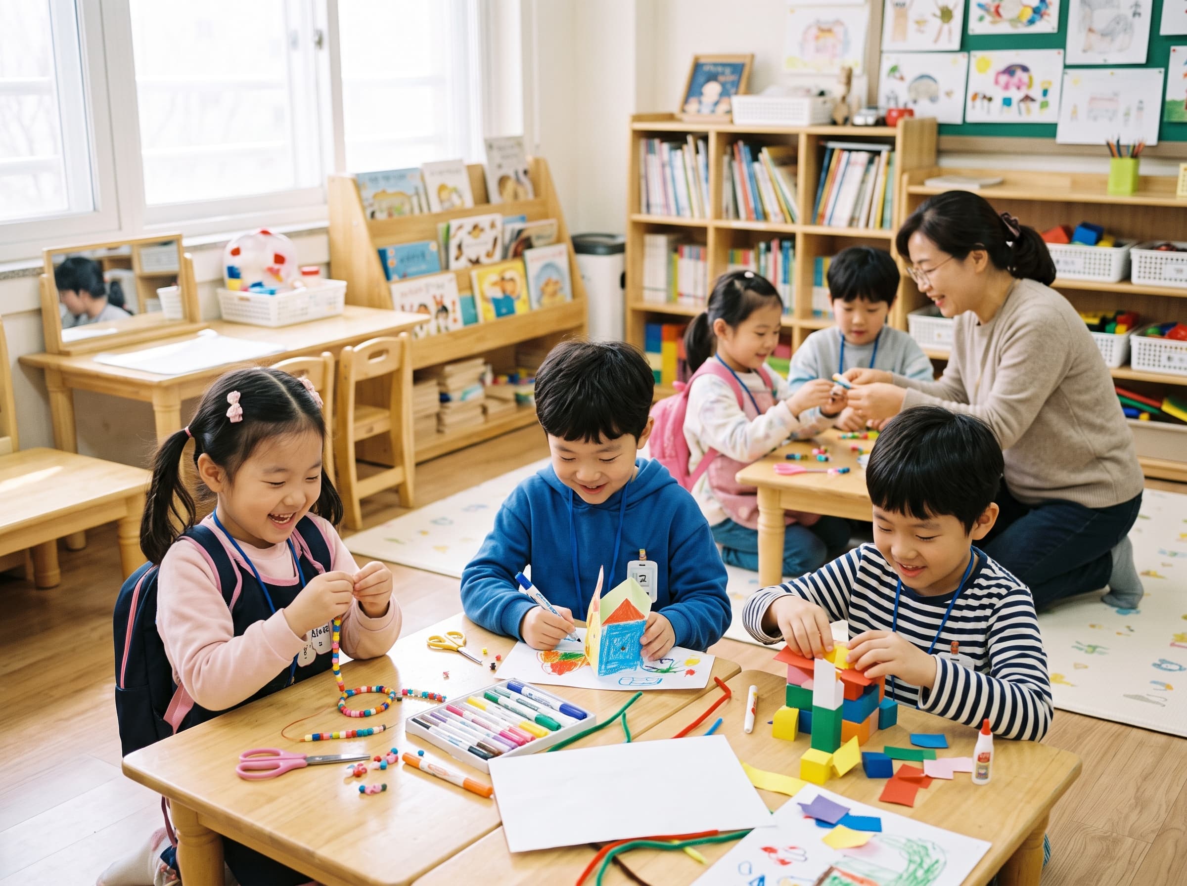 초등학교 늘봄교실에서 방과 후 놀이 및 창의 활동에 참여하고 있는 1학년 학생들과 전담 교사의 모습
